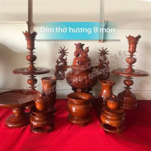 Bộ đèn thờ bằng gỗ hương 9 món 